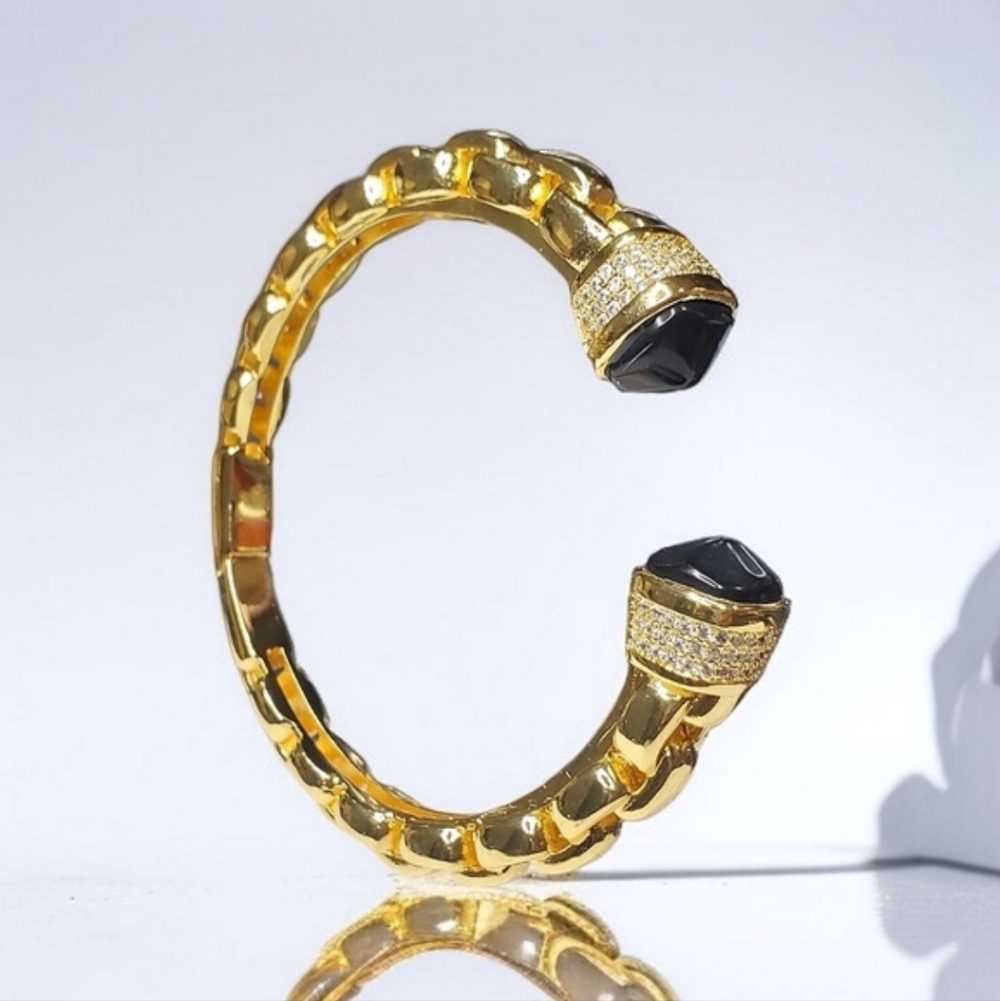 Luxury 18k Gold Plated Chunky Chain Link Onyx Cabochon Cuff Bangle Bracelet